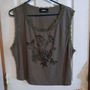 Cider Olive Lace-Trim Floral Butterfly Tank